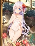 1136002526 1girl azur_lane bangs bare_arms bare_legs bare_shoulders blue_eyes breasts chinese_commentary collarbone commentary_request covered_navel covered_nipples evening eyebrows_visible_through_hair floating floating_object flower hair_flower hair_ornament highres impossible_towel lantern large_breasts long_hair looking_at_viewer mole mole_under_eye naked_towel onsen outdoors shouji shoukaku_(azur_lane) silver_hair sitting sliding_doors smile solo thighs tied_hair towel 