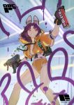  1girl animal_ears assassin_no._6_(tim_loechner) backpack bag black_gloves breasts bunny_ears dual_wielding firing gloves graffiti grin gun highres holding hood hood_down hooded_jacket jacket machine_pistol medium_hair no_bra orange_jacket orange_shorts original pink_eyes puffy_short_sleeves puffy_sleeves purple_gloves purple_hair see-through shell_casing short_shorts short_sleeves shorts small_breasts smile solo spray_can tim_loechner two-tone_gloves unzipped weapon 