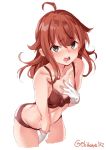  1girl arashi_(kantai_collection) blush bra breasts brown_eyes ebifurya eyebrows_visible_through_hair gloves grey_eyes hair_between_eyes highres kantai_collection long_hair looking_at_viewer messy_hair open_mouth panties red_bra red_hair red_panties simple_background small_breasts solo twitter_username underwear white_background white_gloves 