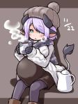  1girl animal_ears beanie big_belly blue_eyes blush boots bright_pupils cardigan coffee coffee_pot commentary_request cow_ears cow_girl cow_horns cow_tail cup gloves hat highres horns kugelschreiber lavender_hair mug open_cardigan open_clothes original pregnant scarf short_hair sitting solo steam tail 