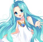  1girl :3 :d ahoge aqua_hair blue_eyes blush brooch choker dress granblue_fantasy highres jewelry long_hair lyria_(granblue_fantasy) nameneko_(124) no_bangs open_mouth parted_hair skirt_hold smile solo very_long_hair white_background white_choker white_dress 