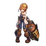  1girl bags_under_eyes belt boots braid breasts construction_worker drill dutch_girl_(last_origin) full_body hardhat helmet highres last_origin looking_at_viewer official_art orange_eyes orange_hair overalls paintale small_breasts solo tachi-e tool_belt tools transparent_background twin_braids 