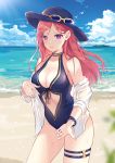  1girl :o bangle bare_shoulders beach black_headwear blue_sky blue_swimsuit bracelet breasts caitlyn_(league_of_legends) center_opening cleavage cloud cowboy_shot day eyewear_on_headwear frown halterneck hat highres horizon hum_(ten_ten) jewelry large_breasts league_of_legends long_hair looking_at_viewer ocean off_shoulder one-piece_swimsuit open_clothes open_shirt outdoors parted_lips pink_hair purple_eyes shirt skindentation sky solo standing sun_hat sunglasses sunlight swimsuit thigh_strap thighs water wet white_shirt 