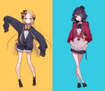  2girls abigail_williams_(fate/grand_order) bangs black_bow black_jacket black_legwear black_skirt blue_background blue_eyes bow brown_footwear carrying_under_arm collared_shirt commentary_request crossed_legs drawstring dress_shirt eyebrows_visible_through_hair fate/grand_order fate_(series) forehead full_body hair_bow hair_bun hair_ornament hands_in_pockets highres hood hood_down hooded_jacket jacket katsushika_hokusai_(fate/grand_order) light_brown_hair loafers long_hair long_sleeves looking_at_viewer multiple_bows multiple_girls multiple_hair_bows orange_bow outstretched_arms parted_bangs parted_lips pleated_skirt polka_dot polka_dot_bow purple_eyes purple_hair red_jacket shirt shoes skirt sleeves_past_fingers sleeves_past_wrists socks standing stuffed_animal stuffed_toy teddy_bear two-tone_background very_long_hair white_legwear white_shirt white_skirt yellow_background yuu_(higashi_no_penguin) 