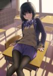  1girl black_hair black_jacket black_legwear blazer bow bowtie brown_eyes brown_sweater chair classroom collared_shirt commentary_request desk highres indoors jacket long_sleeves looking_at_viewer miniskirt on_desk open_clothes open_jacket original pantyhose pleated_skirt purple_skirt school_chair school_desk school_uniform shirt short_hair sidelocks sitting sitting_on_desk skirt smile solo sunlight sweater unasaka_ryou undershirt white_shirt window wing_collar 