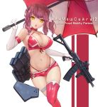  1girl :o absurdres bare_shoulders belt boots breasts character_name choker cleavage covered_nipples criss-cross_halter elbow_gloves franz_(217franz) girls_frontline gloves gun hair_ribbon halterneck hand_up highleg highres holding holding_gun holding_umbrella holding_weapon huge_filesize large_breasts long_hair looking_at_viewer magazine_(weapon) micro_shorts midriff navel open_mouth orange_eyes pink_footwear pink_hair pink_shorts race_queen ribbon russian_text saiga-12 saiga-12_(girls_frontline) shorts single_thighhigh skindentation solo stomach thigh_boots thighhighs twintails umbrella weapon white_background white_gloves 