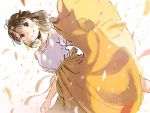  1girl back_bow bow brown_hair commentary_request dutch_angle highres kana_(okitasougo222) looking_at_viewer original petals shirt shirt_hold short_hair short_sleeves skirt smile solo white_shirt wind yellow_skirt 