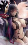  1girl :p alcohol azur_lane bangs black_hair blush breasts commentary_request cosplay cup eyebrows_visible_through_hair fate/grand_order fate_(series) full_moon groin hair_between_eyes hand_up highres holding holding_cup horns japanese_clothes kimono large_breasts long_hair looking_at_viewer mask mask_on_head moon navel night night_sky oni oni_horns outdoors purple_kimono red_eyes revealing_clothes rock sakazuki sake seiyuu_connection shuten_douji_(fate/grand_order) shuten_douji_(fate/grand_order)_(cosplay) sky smile solo stomach sweat taihou_(azur_lane) thighs tongue tongue_out uchisukui water yuuki_aoi 
