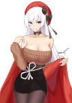  1girl aran_sweater azur_lane bare_shoulders belfast_(azur_lane) belfast_(shopping_with_the_head_maid)_(azur_lane) beret black_skirt breasts brown_legwear brown_sweater choker cleavage collarbone cowboy_shot dated earrings grin hair_ribbon hand_up hat high-waist_skirt highres hoop_earrings jewelry large_breasts long_hair long_sleeves looking_at_viewer miniskirt off-shoulder_sweater off_shoulder pantyhose pencil_skirt purple_eyes red_headwear ribbon signature skirt smile solo standing sweater twitter_username unel white_hair 