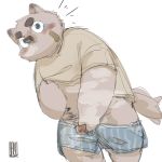  2019 anthro balls belly blush bodily_fluids canid canine clothing flaccid genital_fluids hakumimis humanoid_hands humanoid_penis male mammal navel peeing penis pubes shirt simple_background slightly_chubby solo topwear underwear urine young 