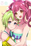  2girls :d bangs blue_eyes blush bow breasts cleavage closed_mouth collarbone eyebrows_visible_through_hair floating_hair flower frilled_bikini_top green_hair hair_bow hair_flower hair_ornament hairband halterneck highres jewelry long_hair looking_at_viewer luxunshangxiang macross macross_delta makina_nakajima multiple_girls necklace off-shoulder_shirt off_shoulder open_mouth orange_eyes pink_bow pink_hair pink_hairband pointy_ears reina_prowler shiny shiny_hair shirt short_hair sleeveless sleeveless_shirt smile upper_body white_flower yellow_shirt 