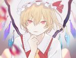  1girl :3 ascot bangs biting blonde_hair blurry blurry_foreground chromatic_aberration commentary_request finger_to_chin flandre_scarlet floating_hair frilled_hat frilled_shirt_collar frills grey_background hair_between_eyes half-closed_eyes hand_on_own_chin hand_up hat hat_ribbon highres iei000 lip_biting lips looking_at_viewer mob_cap one_side_up open_collar puckered_lips red_eyes red_ribbon red_vest ribbon shirt short_hair short_sleeves sidelocks simple_background solo touhou upper_body vest white_headwear white_shirt wide_sleeves wings yellow_neckwear 