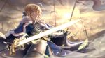  1girl absurdres ahoge armor armored_dress artoria_pendragon_(all) blonde_hair blue_cape blue_dress blue_ribbon blurry blurry_background blurry_foreground braid braided_bun cape closed_mouth day dress excalibur fate/stay_night fate_(series) faulds fur-trimmed_cape fur_trim gauntlets green_eyes hair_between_eyes hair_ribbon highres holding holding_sword holding_weapon index_finger_raised looking_at_viewer outdoors ribbon rj_(lingshih10) saber short_hair_with_long_locks sidelocks solo standing sword weapon white_feathers 