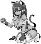  1girl :&lt; animal_ears areola_slip areolae azur_lane bangs bare_shoulders black_hair black_shorts blush braid breasts cat_ears cat_tail cleavage closed_mouth collarbone crop_top dark_skin fake_animal_ears fake_tail feathers gloves greyscale hair_between_eyes hair_feathers hori_(hori_no_su) jewelry large_breasts long_hair monochrome native_american necklace paw_gloves paws short_shorts shorts simple_background solo south_dakota_(azur_lane) tail thighhighs white_background white_legwear 