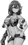  1girl azur_lane bangs bare_shoulders black_hair black_shorts blush braid breasts cleavage closed_mouth collarbone crop_top dark_skin feathers greyscale hair_between_eyes hair_feathers hori_(hori_no_su) large_breasts long_hair looking_at_viewer monochrome native_american navel short_shorts shorts simple_background solo south_dakota_(azur_lane) stomach white_background 