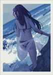  ass beach bikini border bracelet commentary dutch_angle fate/grand_order fate_(series) feet_out_of_frame flower from_behind hair_flower hair_ornament hibiscus jewelry ocean purple_bikini purple_hair reroi rock sarong scathach_(fate)_(all) scathach_(swimsuit_assassin)_(fate) sky swimsuit swimsuit_of_perpetual_summer waves white_border white_sarong 