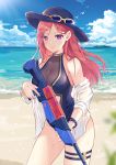  1girl bangle bare_shoulders beach black_headwear blue_sky blue_swimsuit bracelet breasts caitlyn_(league_of_legends) center_opening cleavage closed_mouth cloud cowboy_shot day eyewear_on_headwear halterneck hat highres holding horizon hum_(ten_ten) jewelry large_breasts league_of_legends long_hair looking_at_viewer ocean off_shoulder one-piece_swimsuit open_clothes open_shirt outdoors pink_hair purple_eyes shirt skindentation sky solo standing sun_hat sunglasses sunlight swimsuit thigh_strap thighs v-shaped_eyebrows water water_gun wet white_shirt 