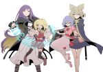  4girls absurdres ascot bat_wings blonde_hair blue_hair bow brown_hair cape capelet cloak earmuffs flandre_scarlet frown grin hair_ornament hair_over_one_eye highres hijiri_byakuren kawayabug looking_at_viewer mary_janes multicolored_hair multiple_girls purple_eyes purple_hair red_eyes remilia_scarlet shoes shorts side_ponytail simple_background skirt smile sword thighhighs touhou toyosatomimi_no_miko two-tone_hair violet_detector weapon wings yellow_eyes 