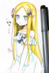 1girl abigail_williams_(fate/grand_order) alternate_costume bangs bare_shoulders black_bow blonde_hair blue_eyes blush bow collarbone dress dress_bow eyebrows_visible_through_hair fate/grand_order fate_(series) forehead hair_bow long_hair looking_at_viewer multiple_bows multiple_hair_bows off-shoulder_dress off_shoulder orange_bow parted_bangs parted_lips photo signature sofra solo traditional_media translation_request very_long_hair white_background white_dress 