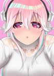  1girl :o aqua_hair blush breasts headphones highres large_breasts looking_at_viewer momoko_amatsuka multicolored_hair nitroplus pink_eyes pink_hair solo super_sonico two-tone_hair upper_body virtual_youtuber 