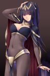  1girl bangs black_hair bodysuit bracelet breasts bridal_gauntlets circlet cleavage closed_mouth covered_navel eyebrows_visible_through_hair fire_emblem fire_emblem_awakening fire_emblem_heroes hand_on_head jewelry kirishima_satoshi large_breasts long_hair purple_eyes see-through skin_tight smile tharja tiara two_side_up 