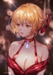  1girl absurdres alternate_costume bangs bare_shoulders blonde_hair blurry blurry_background bow breasts choker cleavage cocktail_dress collarbone commentary_request dress earrings gem granblue_fantasy hair_between_eyes hair_bow hair_up halterneck highres jewelry large_breasts michudx red_dress red_eyes red_lips red_ribbon ribbon shiny updo vira_lilie 