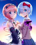  2girls artist_name backlighting bangs bare_shoulders blue_eyes blue_hair blue_ribbon blue_skirt blue_sky bow brown_jacket commentary cosplay costume_switch day detached_sleeves doki_doki_literature_club english_commentary eyebrows_visible_through_hair eyes_visible_through_hair frilled_sleeves frills hair_bow hair_ornament hair_over_one_eye hair_ribbon hands highres holding_hands interlocked_fingers jacket long_sleeves maid maid_headdress multiple_girls outdoors pink_hair pleated_skirt re:zero_kara_hajimeru_isekai_seikatsu red_bow red_string rem_(re:zero) rem_(re:zero)_(cosplay) ribbon sayori_(doki_doki_literature_club) sayori_(doki_doki_literature_club)_(cosplay) school_uniform short_hair skirt sky smile string thedirtydollar trait_connection white_bow x_hair_ornament 