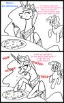  cake collar comic coughing cutie_mark dialogue duo earth_pony eating english_text equid equine feathered_wings feathers female feral food friendship_is_magic horn horse humor lemondude mammal my_little_pony pinkie_pie_(mlp) pony princess_celestia_(mlp) simple_background text unicorn white_background winged_unicorn wings 