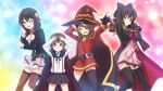  4girls arue_(konosuba) bandages black_hair blush braid breasts cape dress eyepatch fingerless_gloves gloves hair_ornament hat komekko kono_subarashii_sekai_ni_shukufuku_wo! large_breasts long_hair looking_at_viewer low_twintails megumin multiple_girls necktie official_art open_mouth red_eyes shirt short_hair skirt smile star star_hair_ornament thighhighs twintails witch_hat yunyun_(konosuba) 