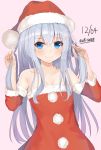 1girl alternate_costume blue_eyes blush closed_mouth dated dress eyebrows_visible_through_hair fur-trimmed_dress fur_trim graphite_(medium) hat hibiki_(kantai_collection) highres kantai_collection long_hair looking_at_viewer pom_pom_(clothes) red_dress santa_costume santa_dress santa_hat shiina_aoi silver_hair smile solo traditional_media 