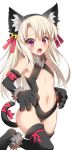  1girl animal_ears bare_shoulders bell black_legwear blonde_hair blush breasts cat_ears cat_paws cat_tail commentary_request covered_nipples eyebrows_visible_through_hair fake_animal_ears fake_tail fate/grand_order fate/kaleid_liner_prisma_illya fate_(series) fur_trim hair_bell hair_ornament highres illyasviel_von_einzbern long_hair looking_at_viewer navel open_mouth paws red_eyes red_ribbon revealing_clothes ribbon simple_background small_breasts solo suzuri_(tennenseki) tail thighhighs white_background 
