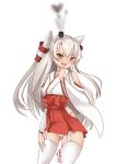  1girl alternate_costume amatsukaze_(kantai_collection) blush brown_eyes eyebrows_visible_through_hair garter_straps hair_tubes highres japanese_clothes kantai_collection kuga_zankurou long_hair looking_at_viewer miko open_mouth panties silver_hair simple_background smoke_heart solo thighhighs thighs two_side_up underwear white_background white_legwear white_panties 