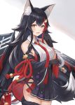  1girl :d animal_ears azur_lane bare_shoulders black_gloves black_hair black_skirt breasts detached_sleeves fang flight_deck fuwawa_(fuwawa617) gloves hair_ornament hand_up highres hololive long_hair long_sleeves looking_at_viewer medium_breasts miniskirt multicolored_hair ookami_mio open_mouth orange_eyes pleated_skirt red_hair shirt skirt smile solo streaked_hair tail thighhighs virtual_youtuber white_shirt wide_sleeves wolf_ears wolf_girl wolf_tail zettai_ryouiki 