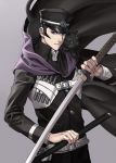  1boy black_hair cape cat devil_summoner gouto grey_eyes hat holding holding_sword holding_weapon holster kuzunoha_raidou male_focus peaked_cap shin_megami_tensei sideburns solo sora_yoshitake_yuda sword weapon 