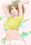  1girl :d absurdres ankoiri arms_up blush brown_hair clothes_writing crop_top green_shirt group_name highres koizumi_hanayo looking_at_viewer love_live! love_live!_school_idol_project midriff navel open_mouth paint_splatter pants purple_eyes shirt short_hair short_sleeves smile solo sparkle stomach white_pants 