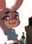  2019 4_fingers anthro beverage bodily_fluids breasts clothed clothing disney doxy female fingers fur grey_body grey_fur hand_on_head judy_hopps lagomorph leporid mammal open_mouth purple_eyes rabbit solo sweat zootopia 