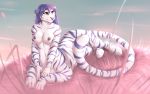  2018 breasts chakat day detailed_background digital_media_(artwork) felid felid_taur female fur grass hair mammal mammal_taur nipples outside pantherine purple_hair sky smileeeeeee smu solo striped_body striped_fur stripes taur tiger 