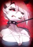  2019 anthro big_breasts black_nose breasts canid canid_demon canine canis collar demon eyelashes female fur grey_body grey_fur hair hellhound helluva_boss hi_res leash looking_at_viewer loona_(vivzmind) mammal missaka piercing red_sclera sharp_teeth signature solo spiked_collar spikes teeth white_body white_eyes white_fur white_hair wolf 
