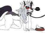  2019 angry anthro big_butt blush bone bowl breasts butt canid canid_demon canine canis collar crawling darkwolfhybrid demon digital_media_(artwork) dog_tags food_bowl hellhound helluva_boss leash looking_away loona_(vivzmind) mammal nude petplay roleplay spiked_collar spikes wolf 