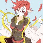  1girl artist_name blue_background breasts closed_mouth feathers final_fantasy final_fantasy_xiv hagoromo lili_mdoki looking_at_viewer medium_breasts pointy_ears red_eyes red_feathers red_hair shawl short_hair smile solo suzaku_(ff14) 