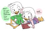  anatid anseriform anthro avian bird book bottomwear clothing dialogue disney duck ducktales ducktales_(2017) duo female hi_res hoodie itsdetectiveliz louie_duck lying male on_front reading shirt simple_background skirt topwear webby_vanderquack 