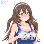  1girl alternate_costume ashigara_(kantai_collection) blue_swimsuit blush breasts brown_eyes brown_hair cleavage closed_mouth comicand_com dated eyebrows hair_between_eyes hairband hands_on_own_chest horned_headwear kantai_collection large_breasts long_hair looking_at_viewer name_tag old_school_swimsuit one-piece_swimsuit school_swimsuit simple_background smile solo swimsuit twitter_username upper_body wavy_hair white_background 