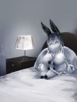  1girl bangs black_sclera diddms1999 full_body fur highres insect_girl insect_wings japanese_clothes lamp looking_at_viewer monster_girl moth_(diddms1999) moth_ears moth_girl moth_wings on_bed original short_hair sitting table white_eyes wings 