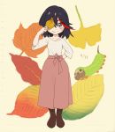  1girl autumn autumn_leaves black_hair blue_eyes blush boots caterpillar_costume dated dog ginkgo_leaf guts_(kill_la_kill) highlights hinshi_(user_xgtg4234) kill_la_kill leaf looking_at_viewer matoi_ryuuko multicolored_hair red_hair short_hair smile streaked_hair 