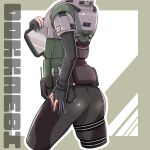  1girl absurdres armor ass belt black_gloves black_nails black_pants gloves head_out_of_frame highres korean_text long_sleeves pants partly_fingerless_gloves rainbow_six_siege simple_background solo standing tablet_pc udondon18 utility_belt 