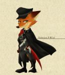  anthro canid canine cape clothed clothing disney english_text fox fully_clothed fur gloves green_eyes handwear hat headgear headwear holding_object inner_ear_fluff looking_at_viewer mammal neck_tuft nick_wilde orange_body orange_fur red_fox simple_background smile solo srfkkk standing tan_background text textured_background tuft uniform zootopia 