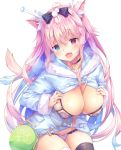  animal_ears bag black_bow blue_eyes bow breast_hold breast_suppress breasts breasts_outside commentary_request fang hair_ornament heterochromia highres hood hoodie jewelry kinokomushi long_hair necklace no_pants open_mouth original panties pink_hair purple_panties shoulder_bag simple_background tail thighhighs underwear white_background 