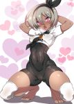  1girl absurdres arms_behind_head ass_visible_through_thighs barefoot blue_eyes blush bodysuit breasts commentary_request covered_navel dark_skin eyebrows_visible_through_hair grey_hair hair_between_eyes hairband harigane_shinshi heart heart-shaped_pupils heavy_breathing highres looking_at_viewer open_mouth pokemon pokemon_(game) pokemon_swsh saitou_(pokemon) short_hair silhouette solo squatting symbol-shaped_pupils teeth tiptoes tongue tongue_out 