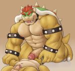  2019 4_fingers absurd_res adios anthro anthro_on_anthro balls bodily_fluids bowser bracelet brown_background claws collar drooling duo erection fingers hi_res humanoid_penis jewelry koopa male male/male mario_bros muscular muscular_male navel nintendo nipples nude one_eye_closed penis retracted_foreskin saliva scalie simple_background size_difference spiked_bracelet spiked_collar spikes uncut vein veiny_penis video_games 