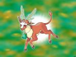  antlers brown_body brown_fur cervid fak&eacute;mon feral fur green_background hooves horn jewelry mammal necklace pok&eacute;mon_diamond_and_jade racieb red_eyes simple_background yellow_body yellow_fur 
